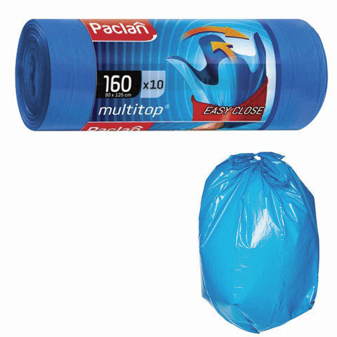 Мешки для мусора 160 л с ушками синие рулон 10 шт. ПВД 30 мкм 90х125 см PACLAN Multitop 134442