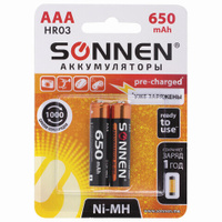 Батарейки аккумуляторные Ni-Mh мизинчиковые Комплект 2 шт. AAA HR03 650 mAh SONNEN 454236