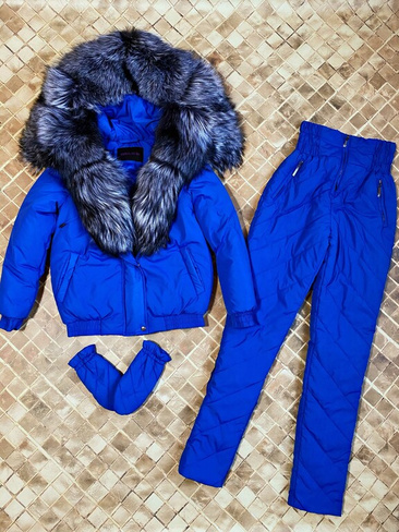 Ярко-синий костюм с мехом чернобурки - Брендированные лямки(резинка)