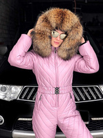 Розовый зимний комбинезон с мехом енота - Варежки с мехом
