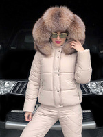 Бежевый зимний костюм: полукомбинезон и куртка с мехом блюфроста - Варежки с мехом