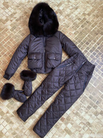 Шоколадный зимний костюм: бомбер с мехом песца и штаны - Дополнительно широкий пояс на кнопках