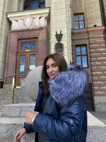 Синий зимний костюм женский с натуральным мехом чернобурки - Без аксессуаров