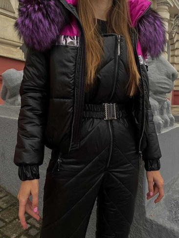 Черный зимний костюм со вставками Shineline с цветным мехом чернобурки - Варежки с мехом (мех используем дополнительно)