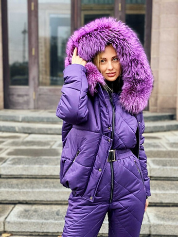 Фиолетовый зимний костюм: комбинезон под горло без рукавов и куртка - Варежки с мехом (мех используем дополнительно)