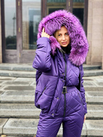 Фиолетовый зимний костюм: комбинезон под горло без рукавов и куртка - Брендированные лямки(резинка)