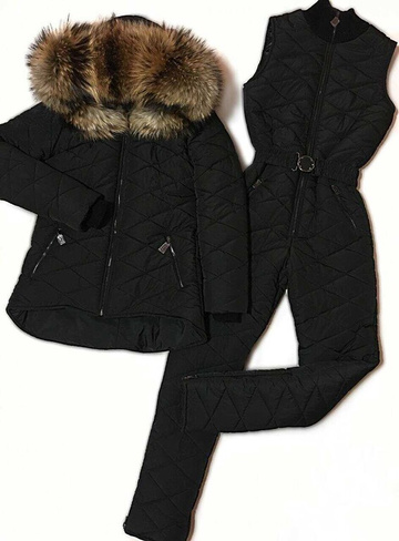 Черный горнолыжный костюм: полукомбинезон и куртка с мехом - Рюкзак
