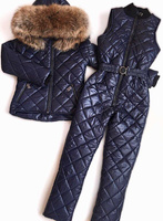 Синий горнолыжный костюм: комбинезон без рукавов и куртка с натуральным мехом - Брендированные лямки(резинка)