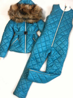 Голубой горнолыжный костюм: полукомбинезон зимний и куртка с мехом енота - Дополнительно широкий пояс на кнопках