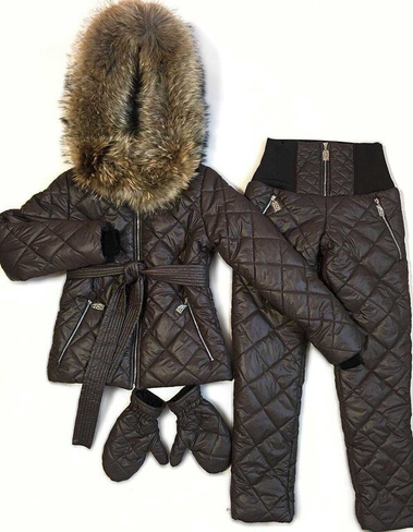 Женский костюм: зимние штаны и куртка с натуральным мехом енота - Варежки без меха