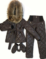 Женский костюм: зимние штаны и куртка с натуральным мехом енота - Варежки без меха