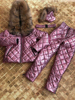 Зимний костюм: стеганные зимние штаны и куртка с мехом енота в цвете розовый металлик - Варежки с мехом (мех используем