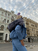 Голубой горнолыжный костюм с натуральным мехом чернобурки - Варежки с мехом (мех используем дополнительно)