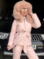 Розовый зимний костюм: штаны и куртка с мехом крашенного в тон песца - Без аксессуаров