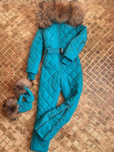 Голубой зимний комбинезон с мехом - Варежки с мехом