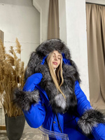 Ярко-синий зимний костюм: штаны + куртка бомбер с мехом чернобурки - Брендированные лямки(резинка)
