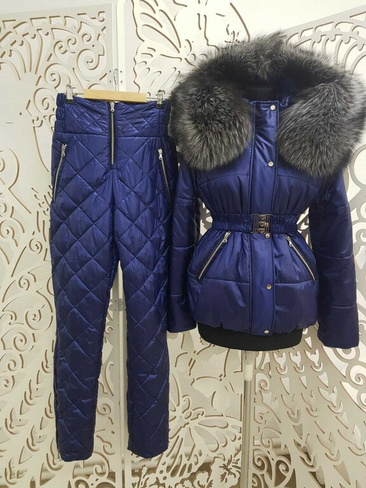Синий зимний костюм штаны+куртка с мехом чернобурки - Варежки с мехом