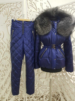 Синий зимний костюм штаны+куртка с мехом чернобурки - Брендированные лямки(резинка)