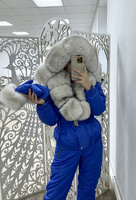Синий костюм зима с мехом натурального песца вуаль - Дополнительно широкий пояс на кнопках