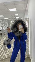 Женский зимний костюм для прогулок в синем цвете с натуральным мехом чернобурки - 48-50