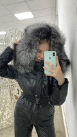Черный зимний костюм женский с большим мехом чернобурки - Шапка ушанка с мехом