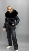 Черный костюм зимний с натуральным мехом песца по капюшону - Варежки с мехом (мех используем дополнительно)