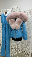 Бирюзовый лыжный костюм: полукомбинезон и куртка с мехом песца - Брендированные лямки(резинка)