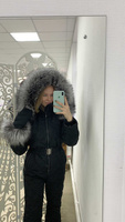 Черный комбинезон женский зимний с большим натуральным мехом чернобурки - Рюкзак