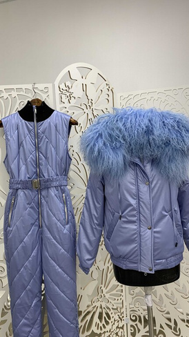 Голубой костюм: теплый полукомбинезон под горло+куртка с мехом ламы - Варежки с мехом