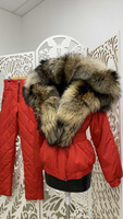 Красный зимний костюм: штаны+куртка бомбер с мехом финского енота - Варежки без меха