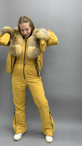 Зимний комплект: полукомбинезон и куртка бомбер с мехом лисы исланд - Варежки с мехом (мех используем дополнительно)