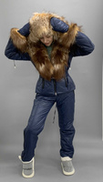 Синий костюм зимний: стеганые штаны и куртка парка на кулиске с натуральным мехом из обесцвеченной чернобурки - Дополнит