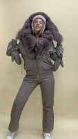 Костюм женский зимний до -30 градусов: штаны+куртка бомбер с большим натуральным мехом - Брендированные лямки(резинка)