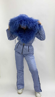 Голубой зимний костюм женский: теплые штаны и куртка с мехом ламы - Без аксессуаров
