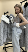 Серый костюм женский зимний: полукомбинезон и куртка на кулиске с белой опушкой из кролика rex - Дополнительно широкий п