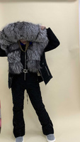 Черный костюм: полукомбинезон и куртка с мехом чернобурки, фактурная ткань замш - Варежки с мехом (мех используем дополн