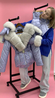 Сиреневый костюм зимний с мехом до груди из вуалевого песца - Дополнительно широкий пояс на кнопках