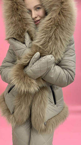 Костюм зимний бежевый Bellezza: куртка с меховой отделкой и теплые штаны - Варежки с мехом