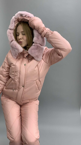 Розовый зимний костюм женский с натуральным мехом шиншиллового кролика - Варежки с мехом (мех используем дополнительно)