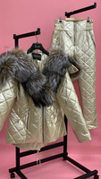Золотой костюм зимний: куртка-парка с мехом лисы cristal + штаны - Брендированные лямки(резинка)