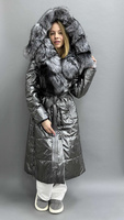 Зимняя куртка пальто в цвете сталь с натуральным мехом чернобурки - Дополнительно широкий пояс на кнопках