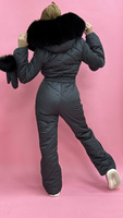Зимний комбинезон женский в сером цвете с черным натуральным мехом песца - Без аксессуаров