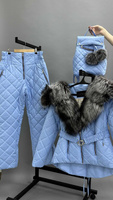 Голубой костюм с натуральным мехом: куртка-парка с чернобуркой до груди и теплые штаны - Дополнительно широкий пояс на к