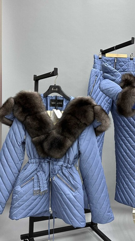 Серо-голубой зимний костюм с натуральным мехом песца под соболь - Рюкзак